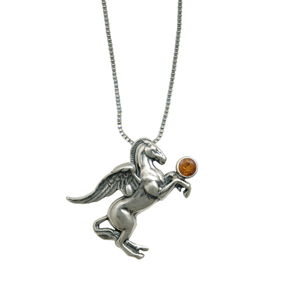 Sterling Silver Greek Winged Horse Pegasus Pendant With Amber